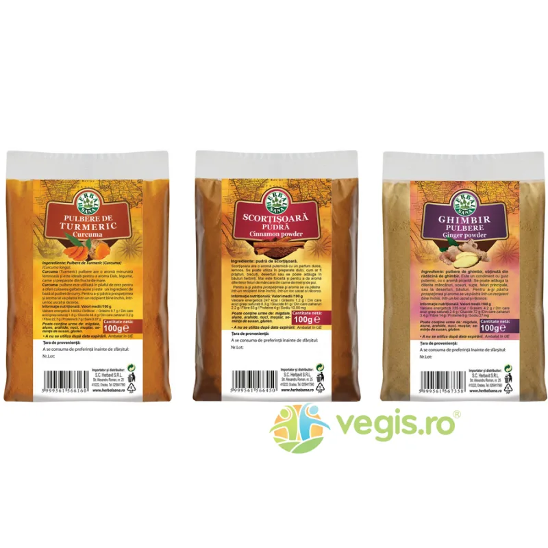 Pachet Turmeric (Curcuma) 100g + Scortisoara Pudra 100g + Ghimbir Pulbere 100g Herbavit — preț și oferte
