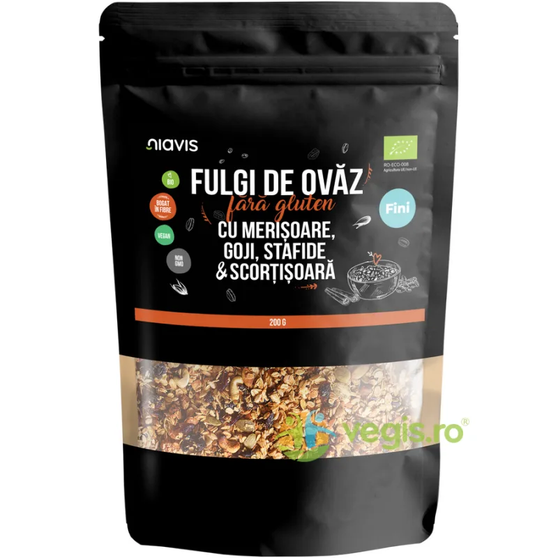 Fulgi de Ovaz Fini fara Gluten cu Merisoare, Goji, Stafide si Scortisoara Ecologici/Bio 200g NIAVIS — preț și oferte