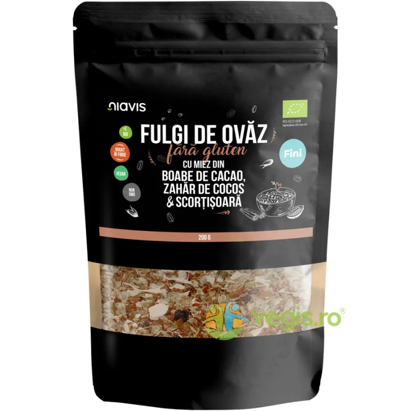 Fulgi de Ovaz Fini fara Gluten cu Miez din Boabe de Cacao, Zahar de Cocos si Scortisoara Ecologici/Bio 200g NIAVIS — preț și oferte