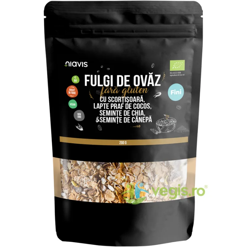 Fulgi de Ovaz Fini fara Gluten cu Scortisoara, Lapte Praf de Cocos, Seminte de Chia si Seminte de Canepa Ecologici/Bio 200g NIAVIS — preț și oferte