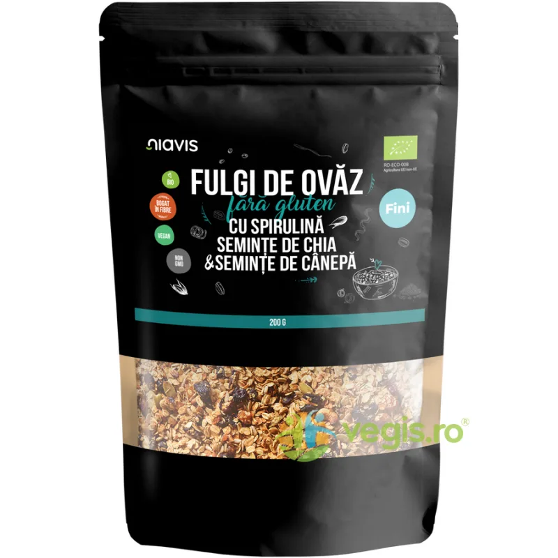 Fulgi de Ovaz Fini fara Gluten cu Spirulina, Chia si Seminte de Canepa Ecologici/Bio 200g NIAVIS — preț și oferte