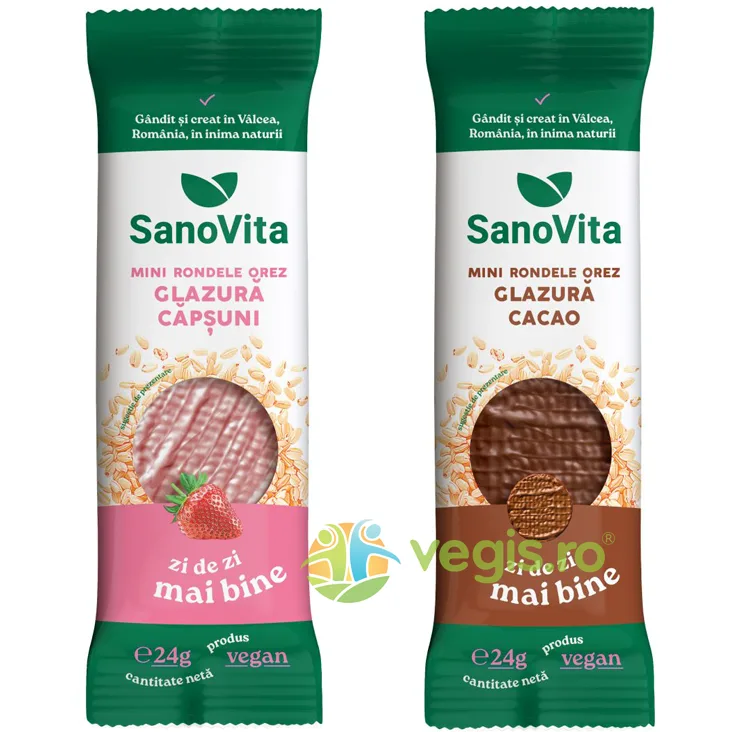 Pachet Mini Rondele din Orez cu Glazura de Capsuni 24g + Mini Rondele din Orez cu Glazura de Cacao 24g SANOVITA — preț și oferte