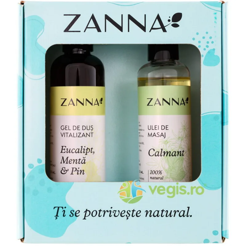 Pachet Cadou Gel de Dus Vitalizant cu Eucalipt si Pin 250ml + Ulei de Masaj Calmant cu CBD si  Lavanda 200ml ZANNA — preț și oferte