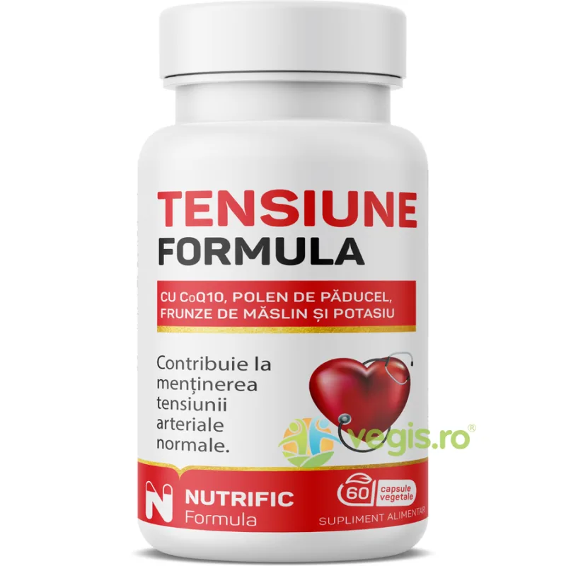Tensiune Formula cu Coenzima Q10, Polen de Paducel, Frunze de Maslin si Potasiu 60cps vegetale NUTRIFIC — preț și oferte