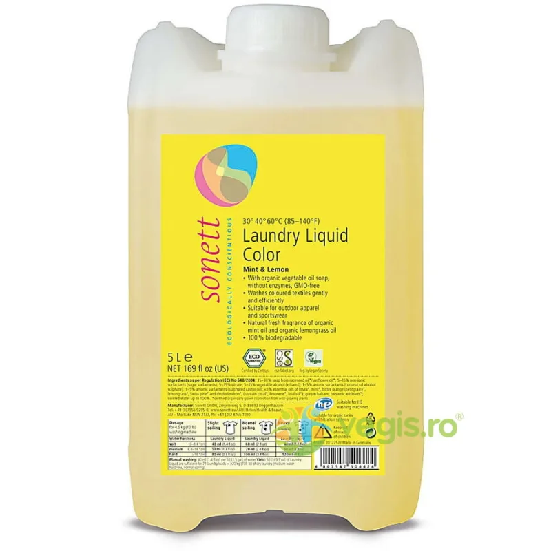 Detergent Lichid pentru Rufe Colorate cu Menta si Lamaie Ecologic/Bio 5L SONETT — preț și oferte