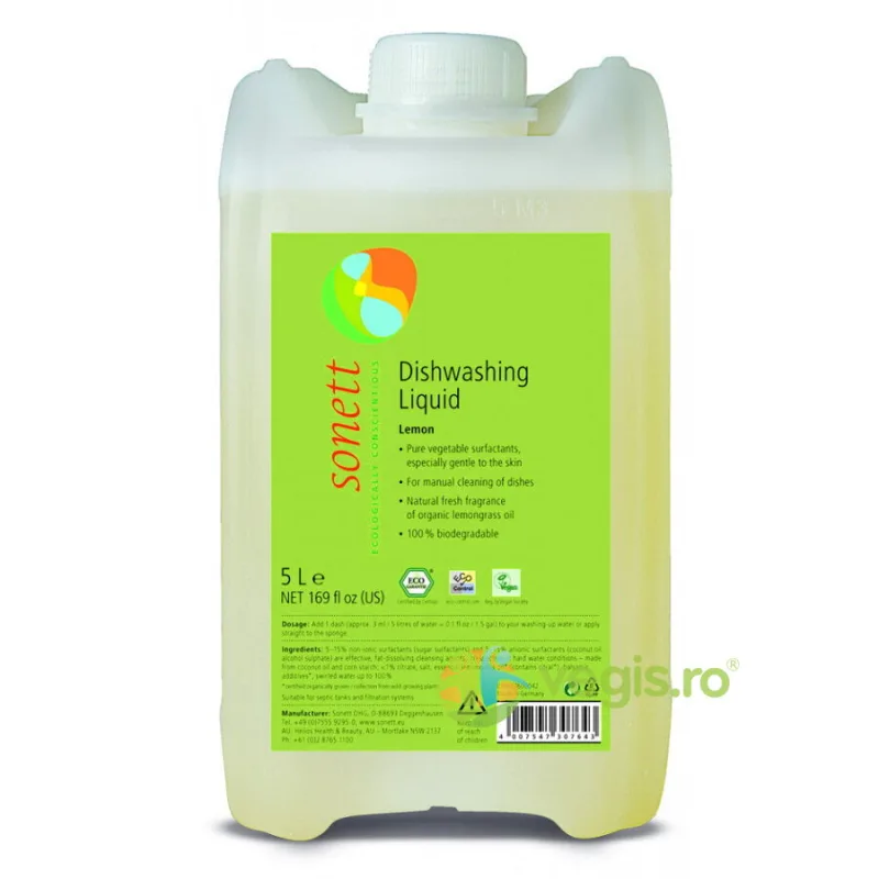 Detergent Lichid pentru Spalat Vase cu Lamaie Ecologic/Bio 5L SONETT — preț și oferte