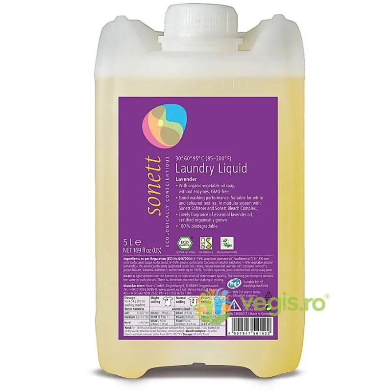 Detergent Lichid pentru Rufe Albe si Colorate cu Lavanda Ecologic/Bio 5L SONETT — preț și oferte