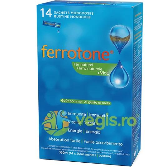 Ferrotone  Apple cu  Aroma de Mar, Fier si Vitamina C 14plicuri x 25ml SPATONE — preț și oferte
