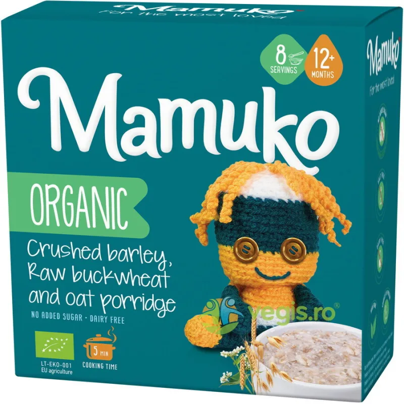 Porridge din 3 Cereale (Fulgi de Ovaz, Hrisca si Orz) 12+ Luni Ecologic/Bio 200g MAMUKO — preț și oferte