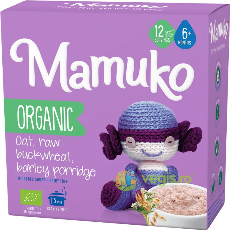 Porridge din 3 Cereale (Ovaz, Hrisca si Orz) 6+ Luni Ecologic/Bio 200g MAMUKO — preț și oferte