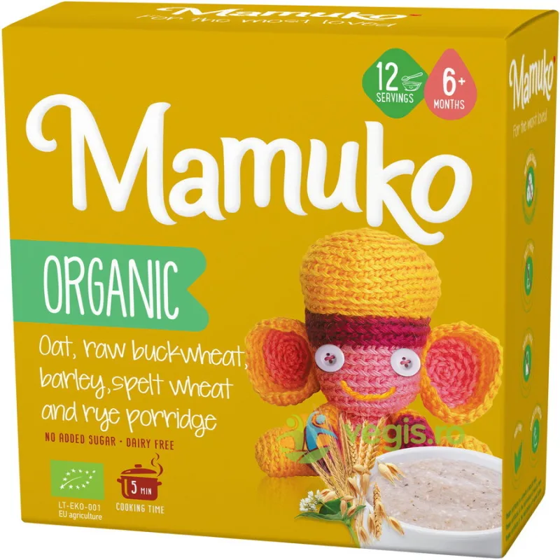 Porridge din 5 Cereale (Ovaz, Hrisca, Orz, Spelta si Secara 6+ Luni Ecologic/Bio 200g MAMUKO — preț și oferte