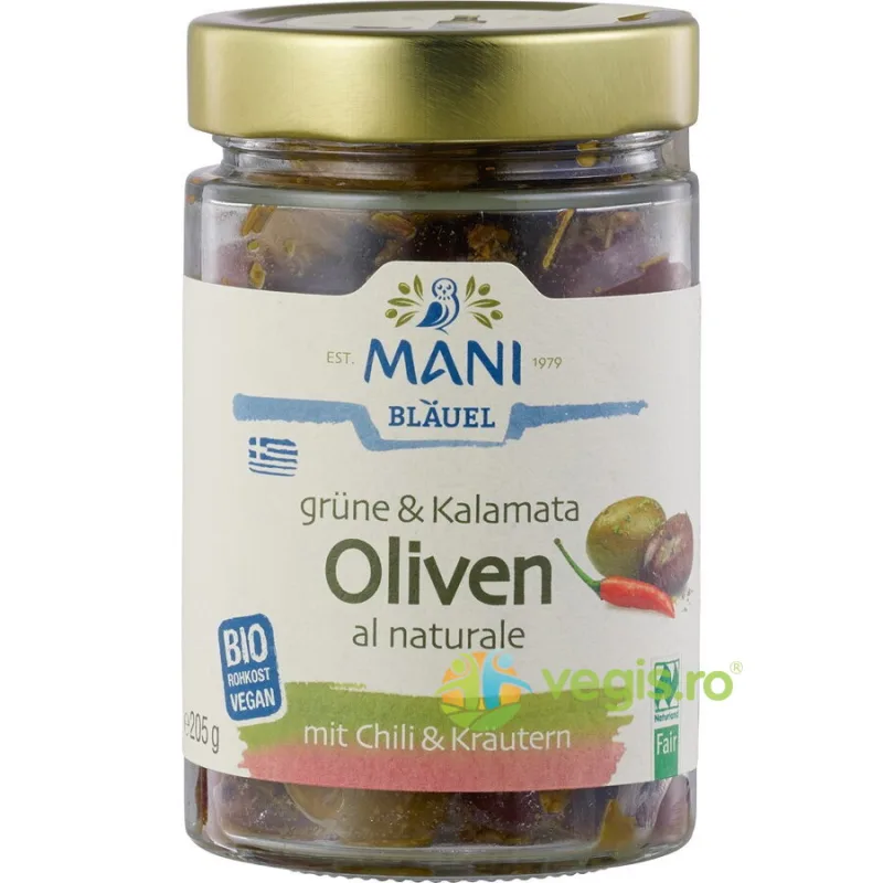 Masline Verzi si Kalamata Crude cu Chili si Ierburi Ecologice/Bio 205g MANI — preț și oferte