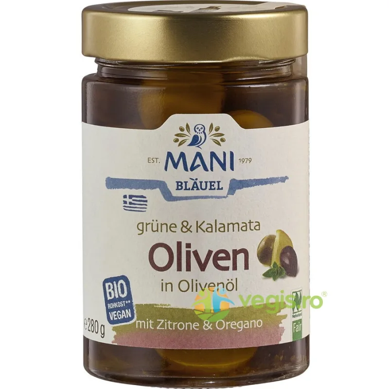 Masline Verzi si Kalamata in Ulei cu Lamaie si Oregano Ecologice/Bio 280g MANI — preț și oferte