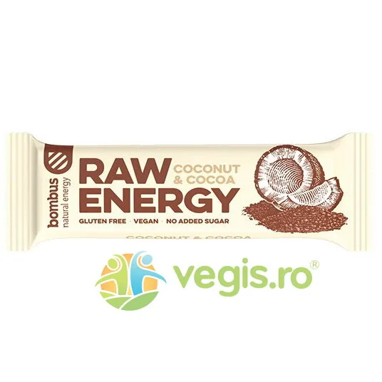 Baton Energizant Raw cu Nuca de Cocos si Cacao 50g BOMBUS — preț și oferte