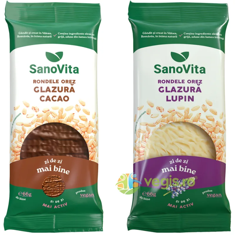 Pachet Rondele din Orez cu Glazura de Cacao 66g + Rondele din Orez cu Glazura de Lupin 66g SANOVITA — preț și oferte