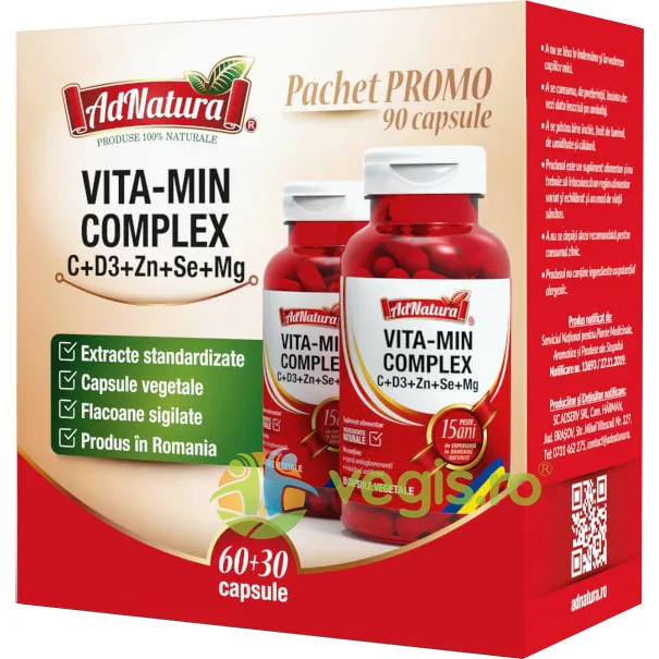 Pachet Vita-Min Complex C+D3+Zn+Se+Mg 60cps+30cps ADNATURA — preț și oferte