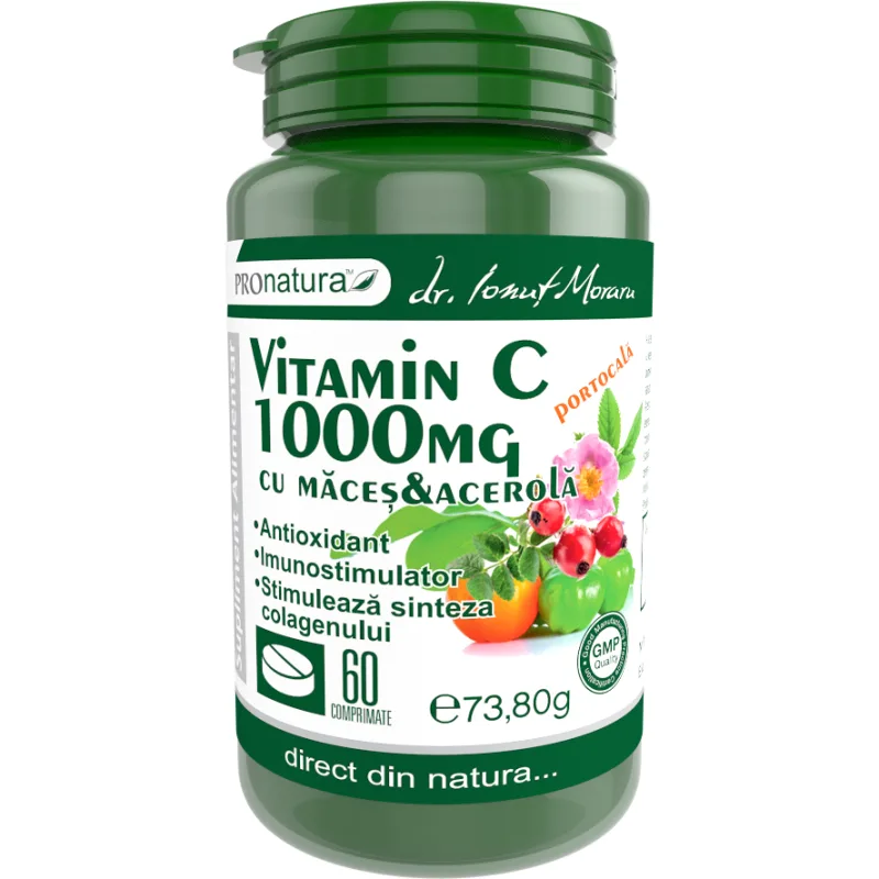 Vitamina C 1000mg cu Macese si Acerola (Aroma de Portocala) 60cpr Medica - Pro Natura — preț și oferte