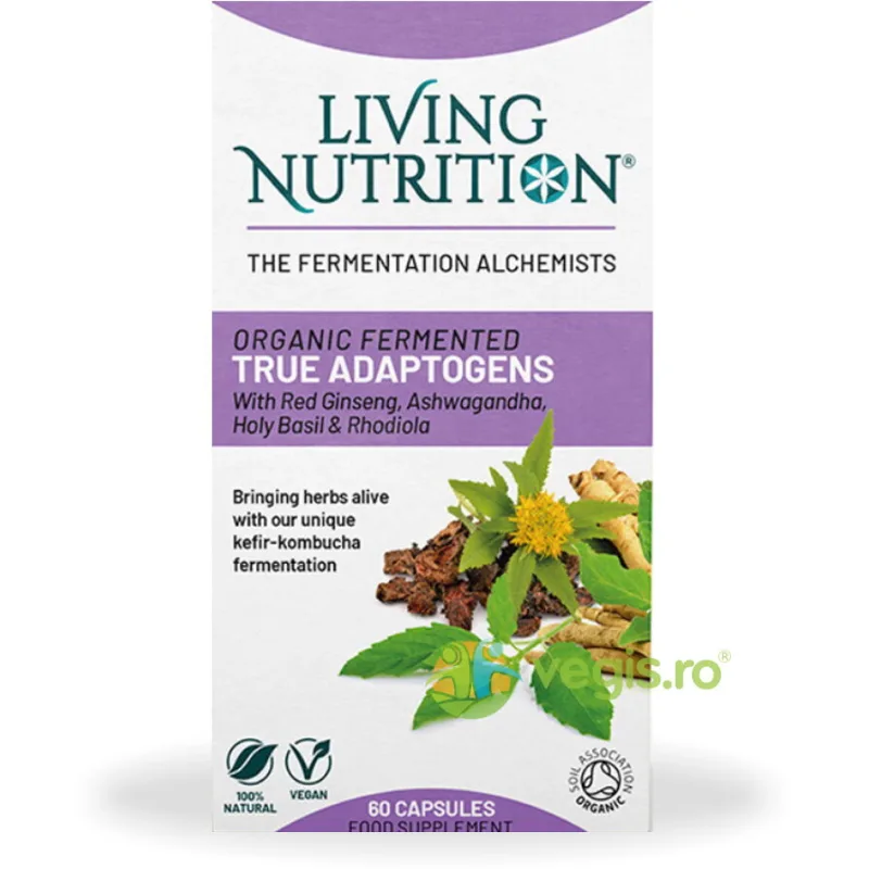 Fermented True Adaptogens 560mg cu Ginseng, Ashwagandha, Busuioc Sfant si Rhodiola 60cps Living Nutrition — preț și oferte