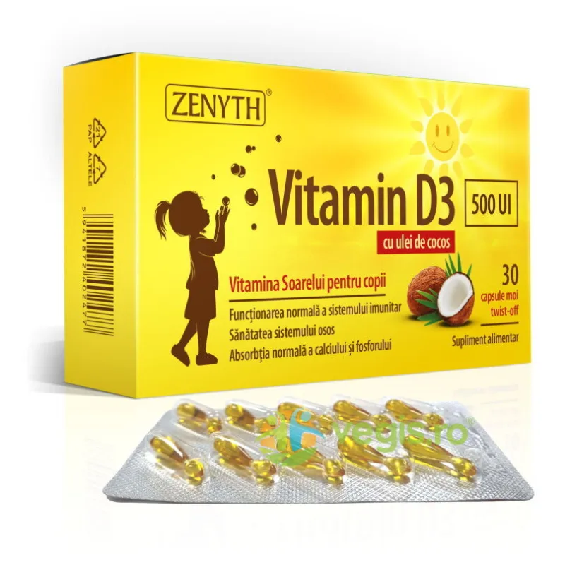 Vitamin D3 500 UI cu Ulei de Cocos pentru Copii 30cps Zenyth — preț și oferte