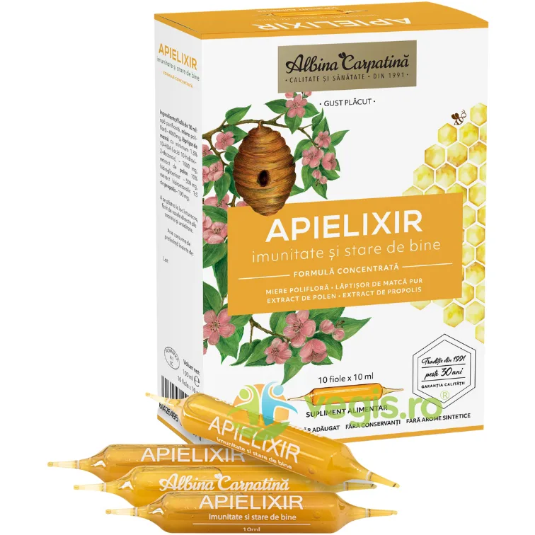 Apielixir Imunitate si Stare de Bine cu Miere, Laptisor de Matca, Polen si Propolis 10 fiole x 10ml Albina Carpatina — preț și oferte