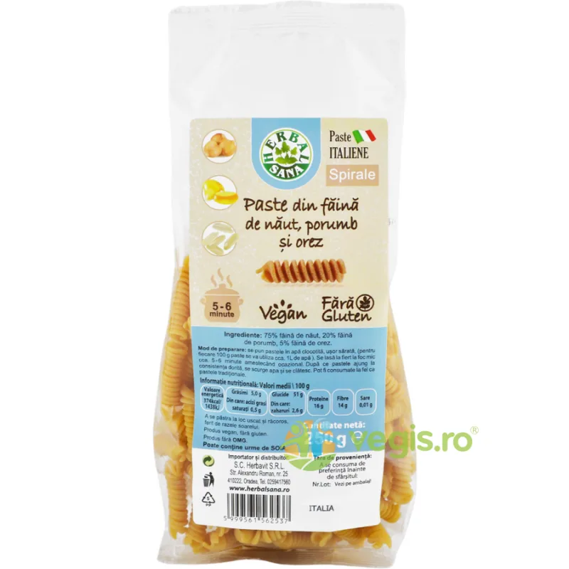 Paste Spirale din Faina de Naut, Porumb si Orez fara Gluten 250g Herbavit — preț și oferte