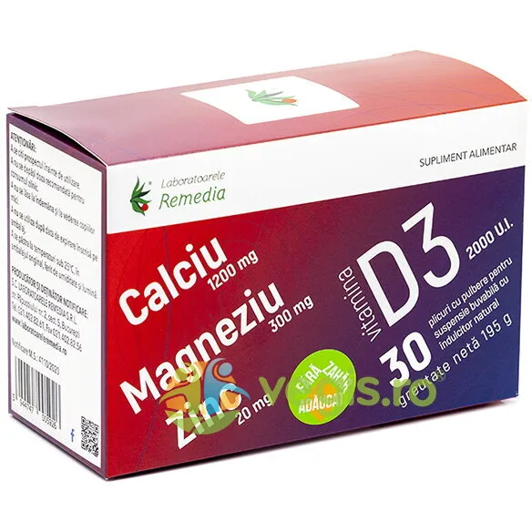 Ca 1200mg + Mg 300mg + Zn 20mg + D3 30plicuri REMEDIA — preț și oferte