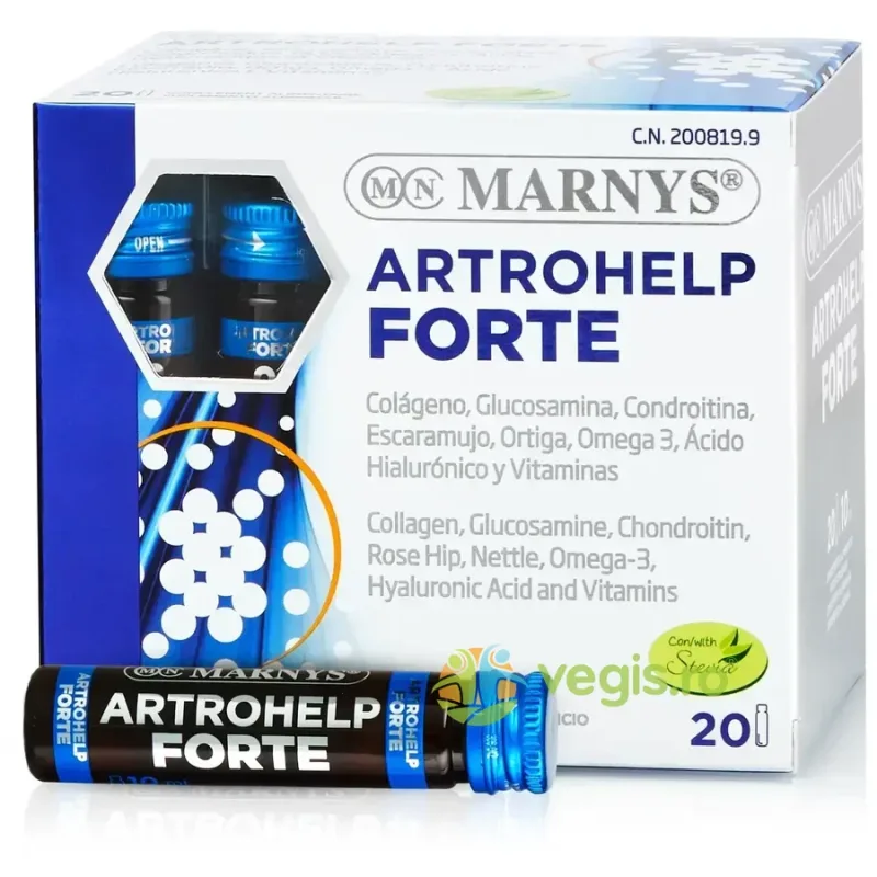 Artrohelp Forte - Colagen Hidrolizat Enzimatic, Glucozamina, Condroitina, Acid Hialuronic si 7 Ingrediente pentru Articulatii, Tendoane, Cartilaje, Ligamente 20 fiole MARNYS — preț și oferte