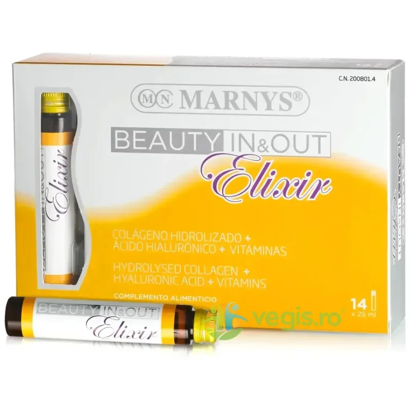 Beauty In&Out Elixir - Colagen Hidrolizat Tip 1 cu 5000mg, Acid Hialuronic, Seminte de Struguri, Biotina, Vitamine si Minerale 14 fiole MARNYS — preț și oferte