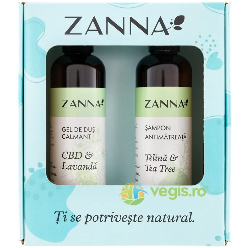 Pachet Cadou Sampon Antimatreata cu Extract Telina si Tea Tree 250ml + Gel de Dus Calmant cu CBD si Lavanda 250ml ZANNA — preț și oferte