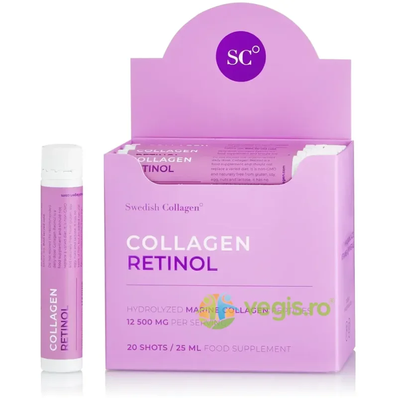 Colagen Retinol - Colagen Marin Hidrolizat Lichid Tip 1 si 3 cu 12500mg, Retinol 800mcg, Acid Hialuronic 75mg, Biotina 5000mcg, Vitamine 20 fiole SWEDISH COLAGEN — preț și oferte