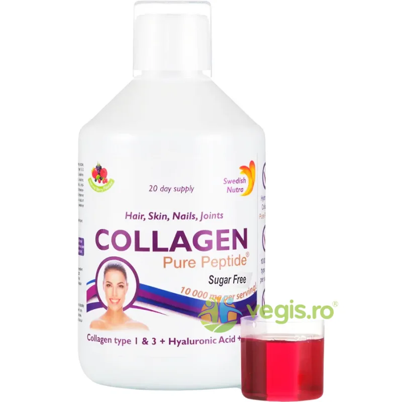 Colagen Lichid Hidrolizat Tip 1 si 3 cu 10000mg, Acid Hialuronic 50mg, Biotina 5000mcg, Cupru, Siliciu, Vitamina C, B5, B6, B12 500ml SWEDISH NUTRA — preț și oferte