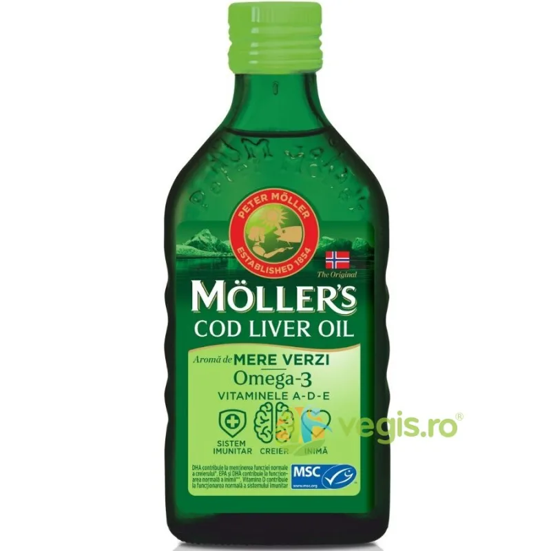 Cod Liver Oil Omega-3 cu Aroma de Mere Verzi 250ml MOLLER'S — preț și oferte