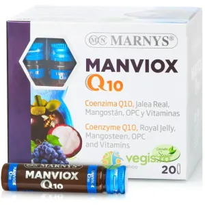 Manviox Q10 - Coenzima Q10, Mangostan, Laptisor de Matca, Seminte de Struguri si 10 Vitamine - Antioxidant, Anti-Aging, Energizant 20 Fiole