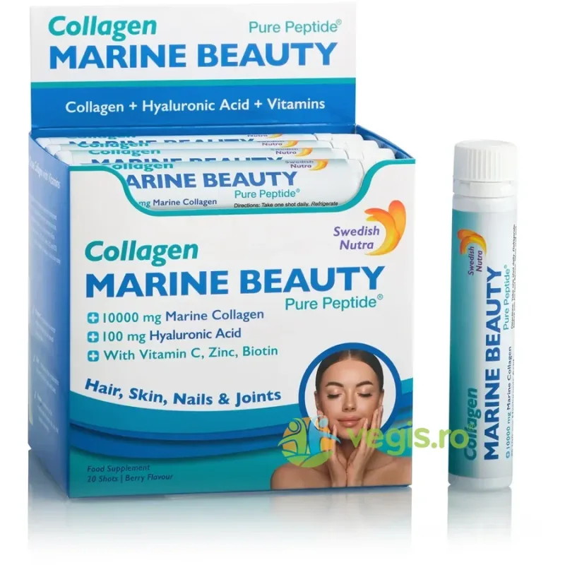 Marine Beauty - Colagen Marin Lichid Hidrolizat de Tip 1 si 3 pentru Piele, Unghii, Articulatii cu Acid Hialuronic, Siliciu, Biotina, Seleniu, Zinc si Vitamine 20 fiole SWEDISH NUTRA — preț și oferte