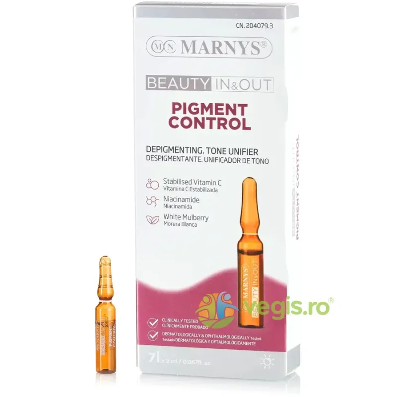 Pigment Control cu Vitamina C Stabilizata, Vitamina B3, Extract de Dud Alb, Apa de Albastrele pentru Reducerea si Prevenirea Petelor Pigmentare 7 fiole MARNYS — preț și oferte