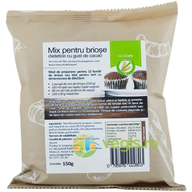 Mix pentru Briose Dietetice cu Gust de Cacao fara Gluten 150g NOCARB — preț și oferte