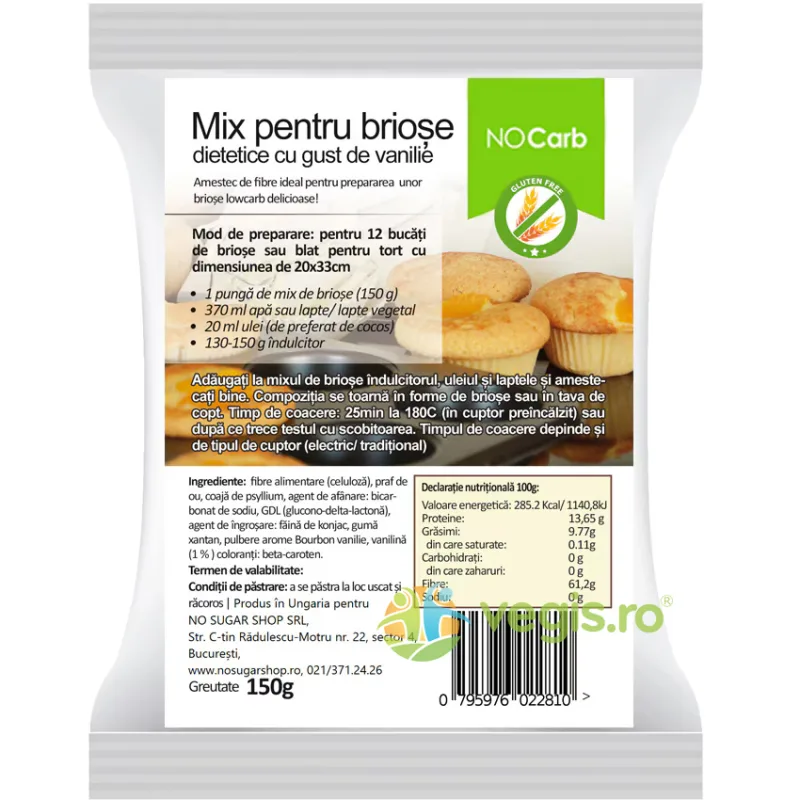 Mix pentru Briose Dietetice cu Gust de Vanilie fara Gluten 150g NOCARB — preț și oferte