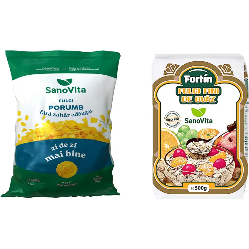 Pachet Fulgi de Porumb fara Zahar 450g + Fulgi de Ovaz Fortin 500g SANOVITA — preț și oferte