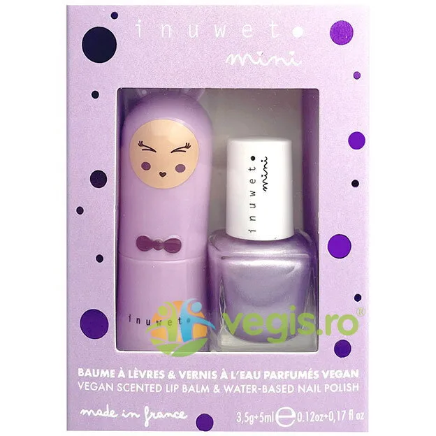 Set Cadou Copii: Balsam de Buze cu Parfum de Bezea 3.5g + Oja pe Baza de Apa cu Parfum de Coacaze 5ml INUWET — preț și oferte