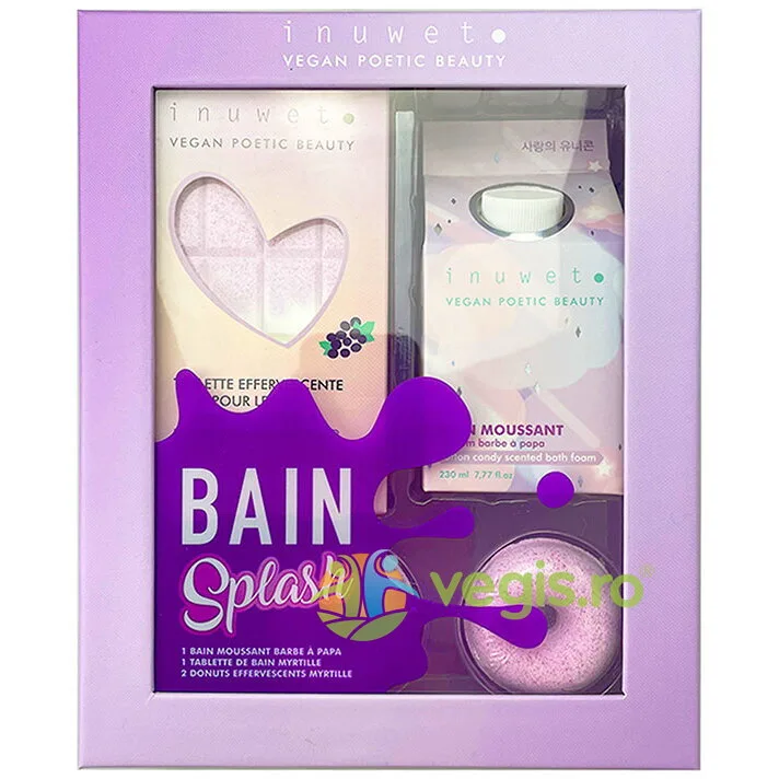 Set Cadou Blueberry Splash Bath: Spuma de Baie 230ml +  Tableta pentru Baie Efervescenta 230g + Mini Gogosi Efervescente 2x30g + Cutie Cadou Gourmet INUWET — preț și oferte