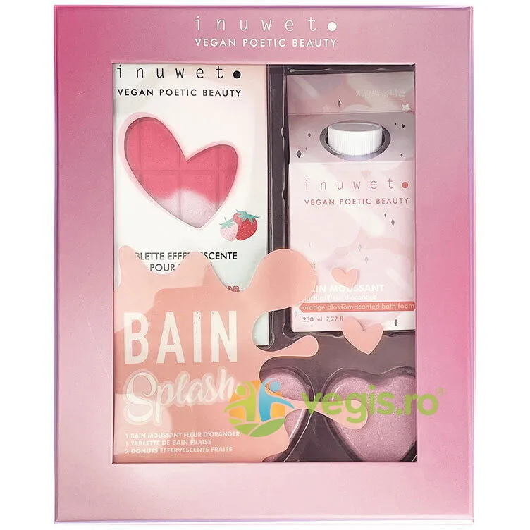 Set Cadou Strawberry Splash Bath: Spuma de Baie 230ml + Tableta Efervescenta pentru Baie 200g + Mini Inimi Efervescente 2x30g + Cutie Cadou Gourmet INUWET — preț și oferte