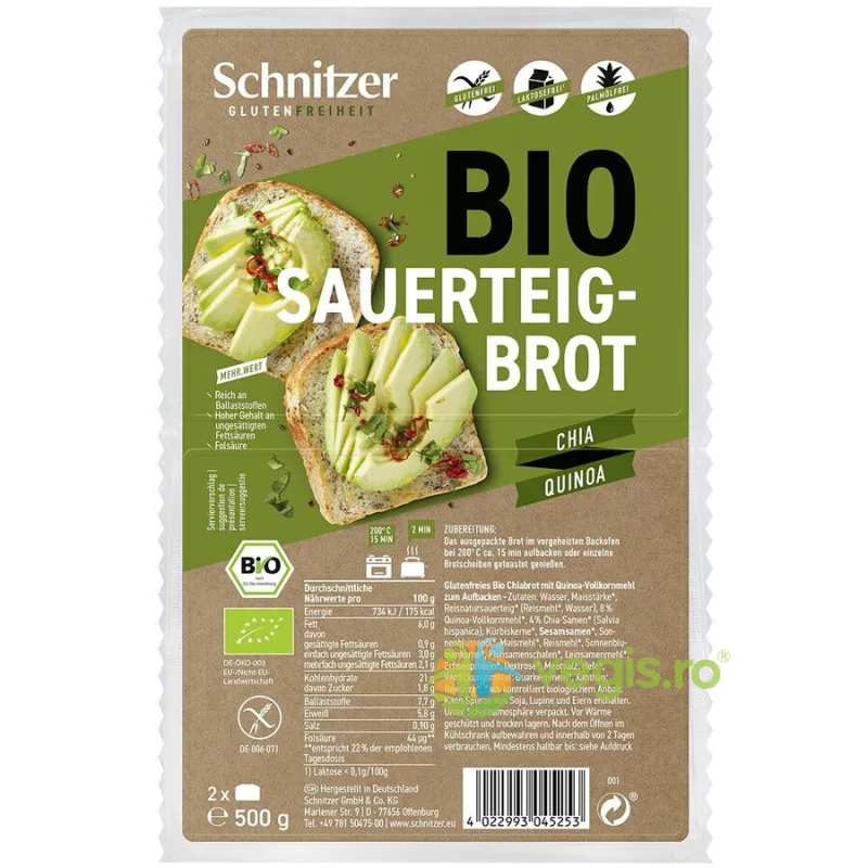 Paine cu Maia, Chia si Quinoa fara Gluten Ecologica/Bio 500g SCHNITZER — preț și oferte