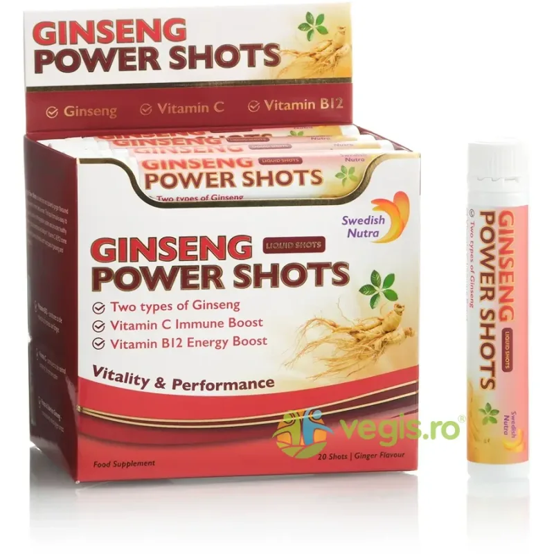 Ginseng Power Shots - Ginseng Siberian, Panax Ginseng, Ghimbir si Vitamine pentru Energie si Vitalitate 20 fiole SWEDISH NUTRA — preț și oferte