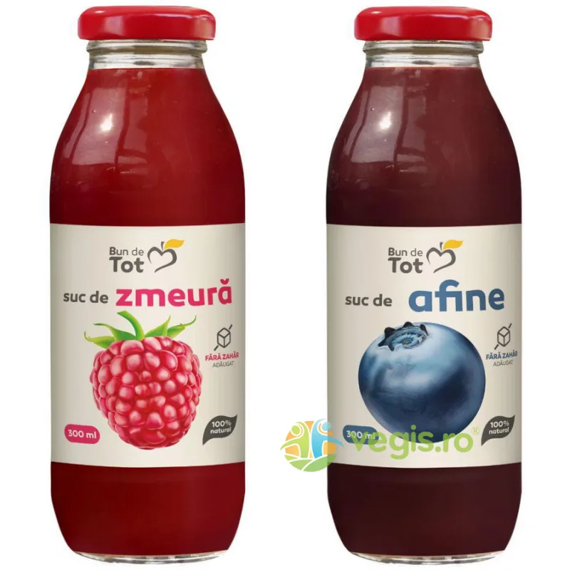 Pachet Suc de Zmeura fara Zahar Adaugat 300ml + Suc de Afine fara Zahar Adaugat 300ml BUN DE TOT — preț și oferte