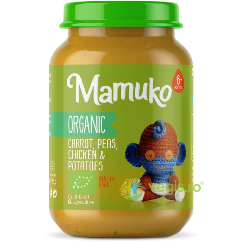 Piure de Morcovi, Mazare si Cartofi cu Pui pentru Copii +6 Luni Ecologic/Bio 190g MAMUKO — preț și oferte