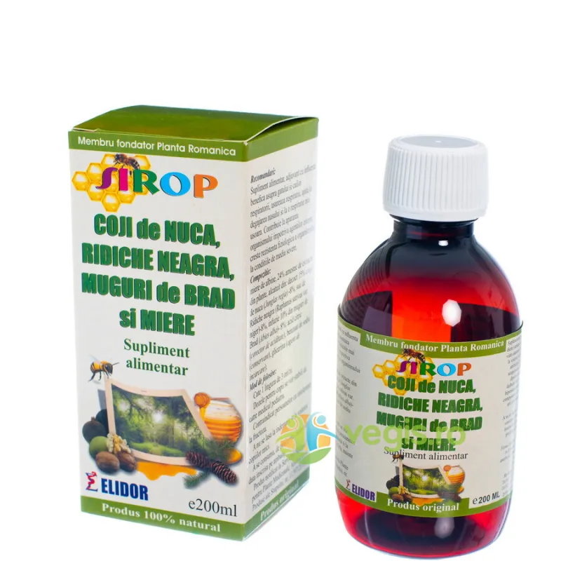Sirop din Coji de Nuca, Brad, Ridiche Neagra si Miere 200ml ELIDOR — preț și oferte