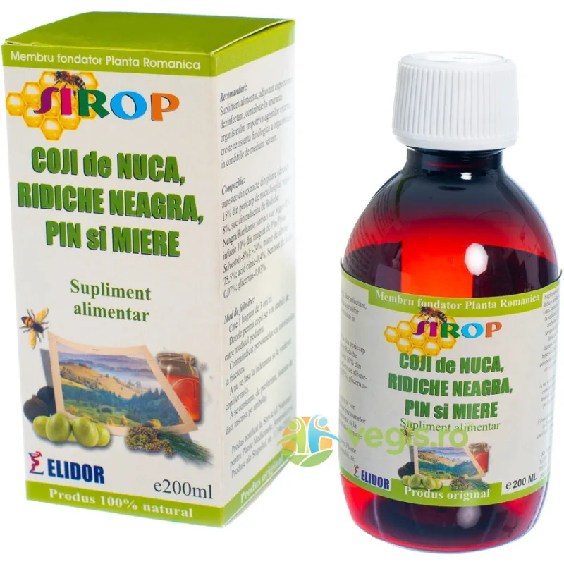 Sirop de Coji de Nuca, Pin, Ridiche Neagra si Miere 200ml ELIDOR — preț și oferte