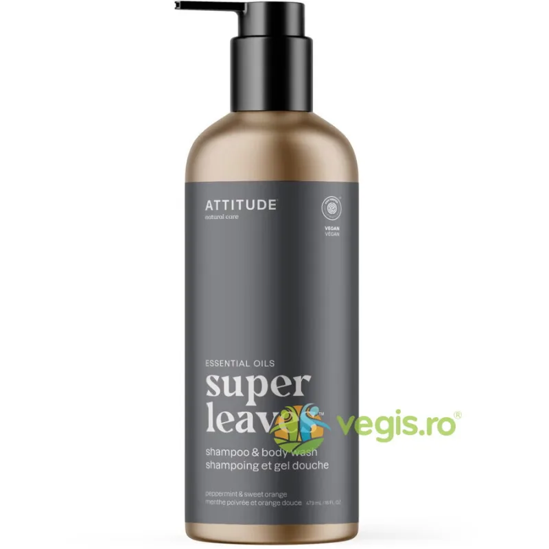 Sampon si Gel de Dus 2in1 cu Menta si Portocala Dulce Super Leaves 473ml ATTITUDE — preț și oferte