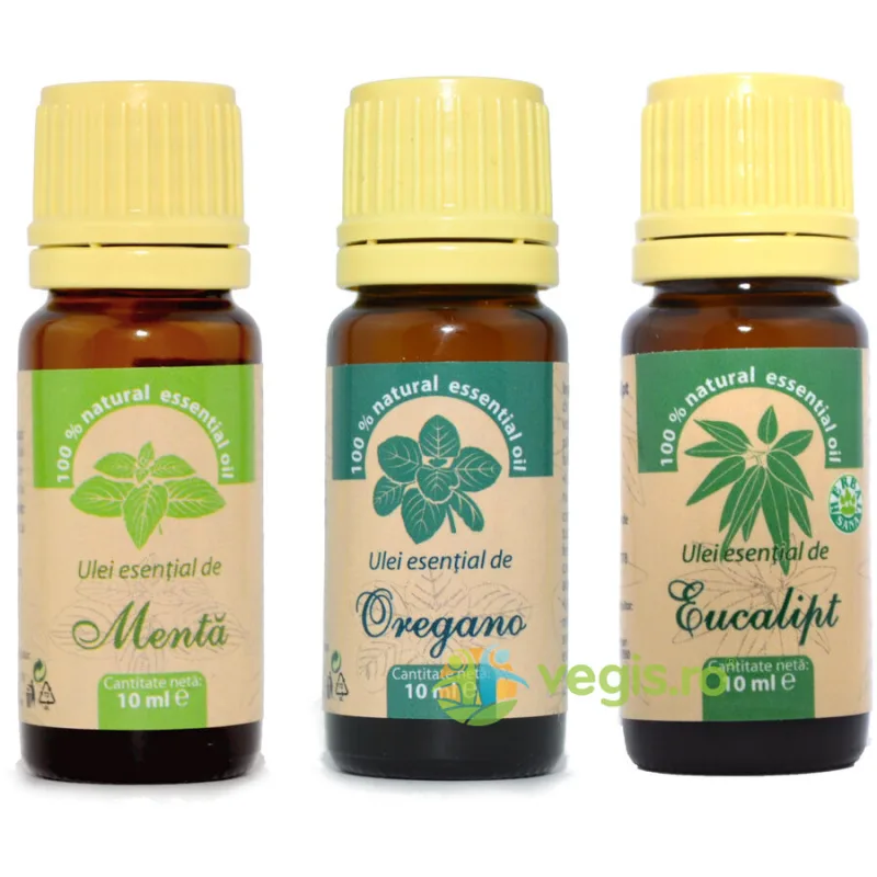 Pachet Uleiuri Esentiale de Imunitate: Ulei de Menta 10ml + Ulei de Eucalipt 10ml + Ulei de Oregano 10ml Herbavit — preț și oferte