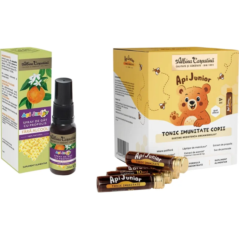 Apijunior Tonic Imunitate pentru Copii 20 fiole x 10ml + Apijunior Spray de Gat cu Propolis fara Alcool 20ml Albina Carpatina — preț și oferte